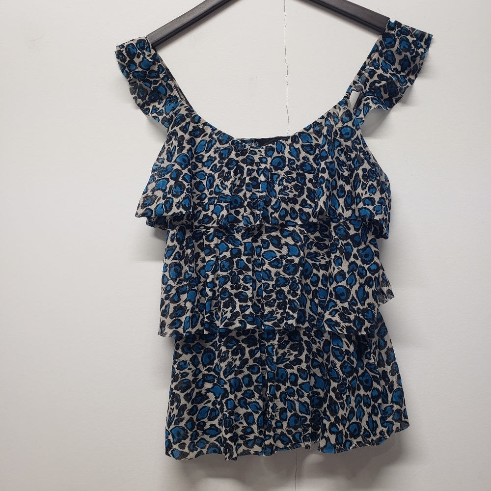 INC International Concepts Sleeveless Tiered Raffle Vneck Top M Animal Print